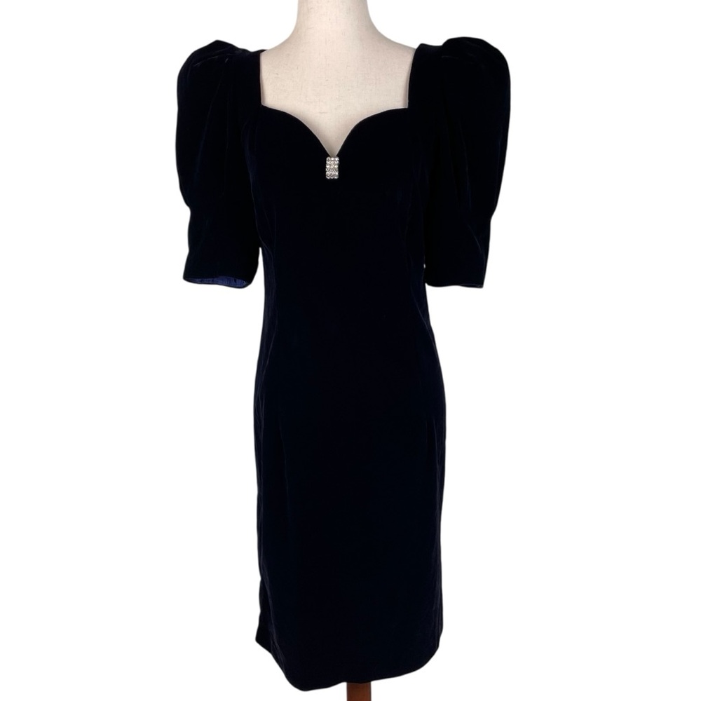 Vintage 80s Cachet by Bari Protas Blue Velvet Jewel Puff Sleeve Dress Size 5/6